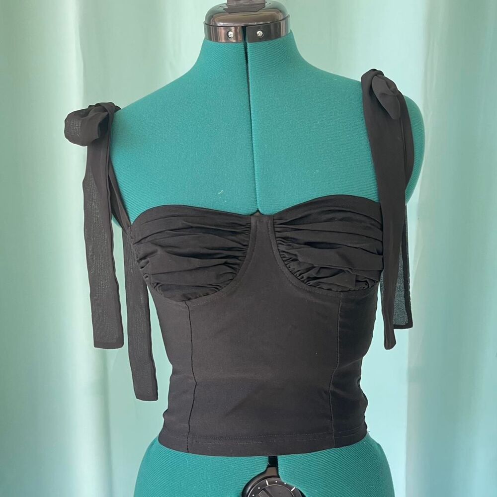 Angel Cove Black Fitted Corset Top W/ Adjustable Shoulder Bows Sz  XS